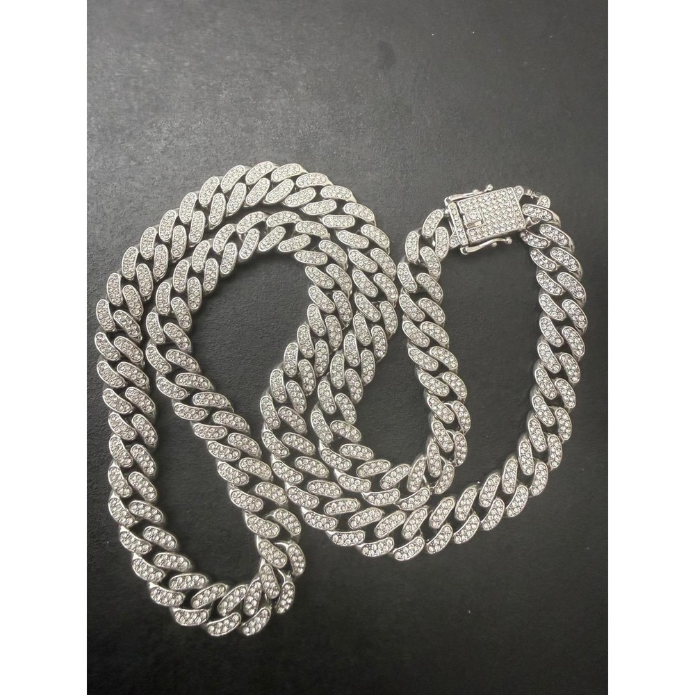 Iced Out Cuban Link Necklace Rhinestone Silver Tone Heavy Curb Chain Design